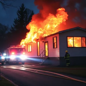 Firefighters combating a fire at a double-wide trailer.