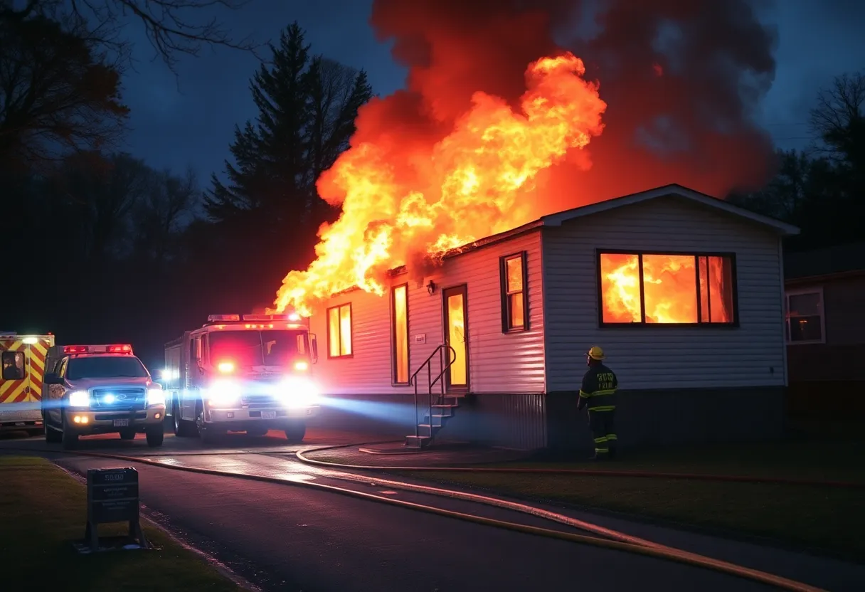Firefighters combating a fire at a double-wide trailer.