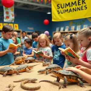 Children and families enjoying reptiles at Liberty Hill Library summer event