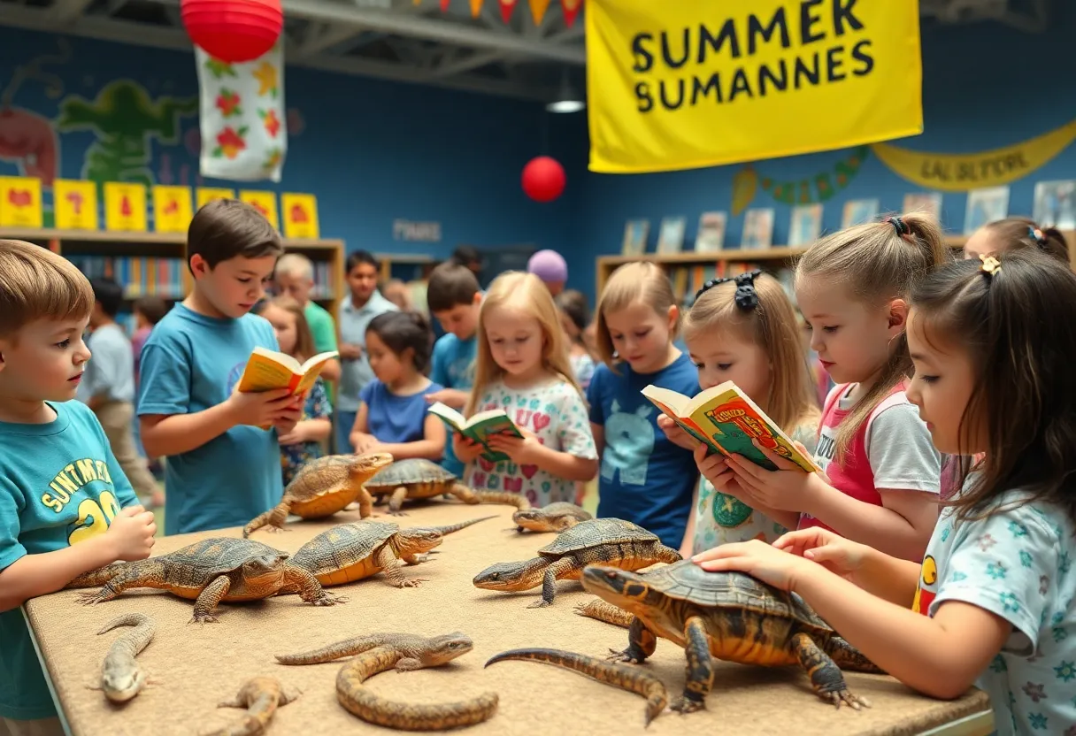 Children and families enjoying reptiles at Liberty Hill Library summer event