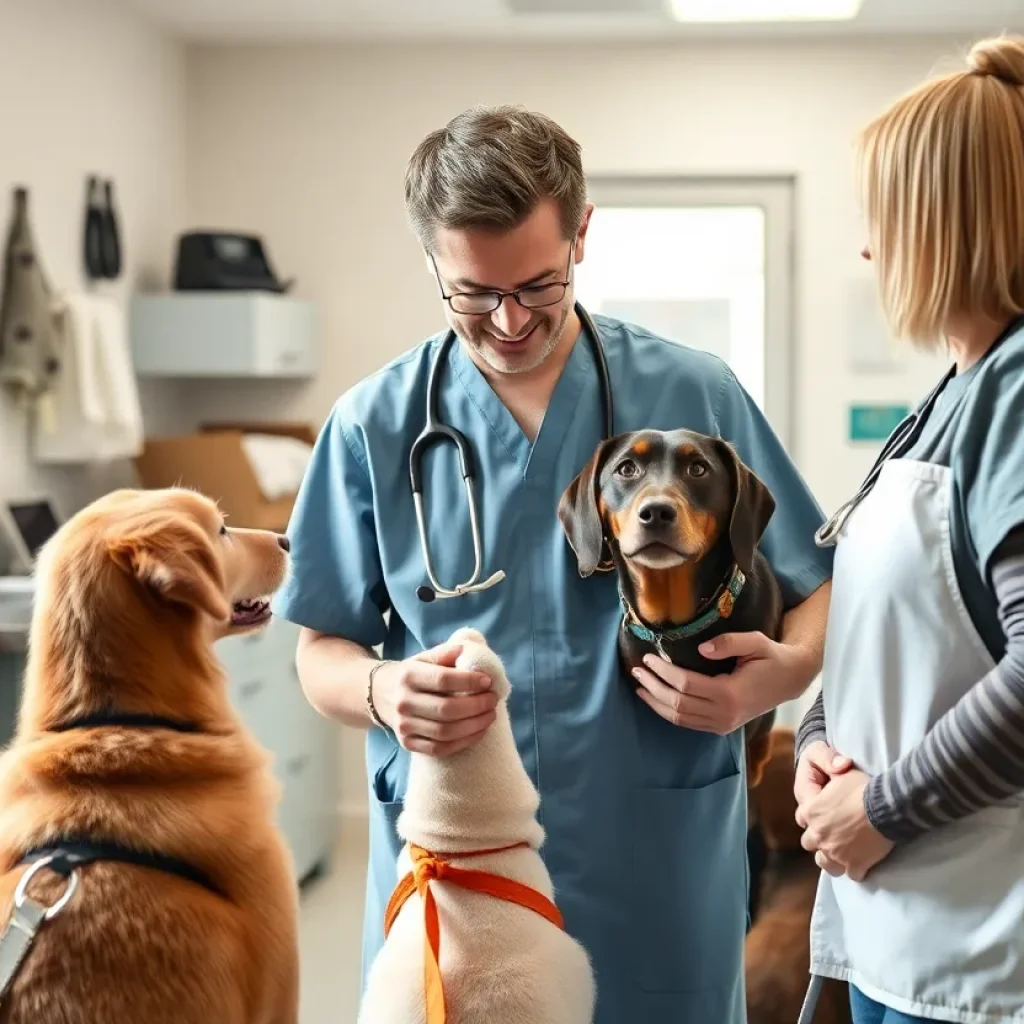Veterinarian interacting with a pet in a friendly clinic setting