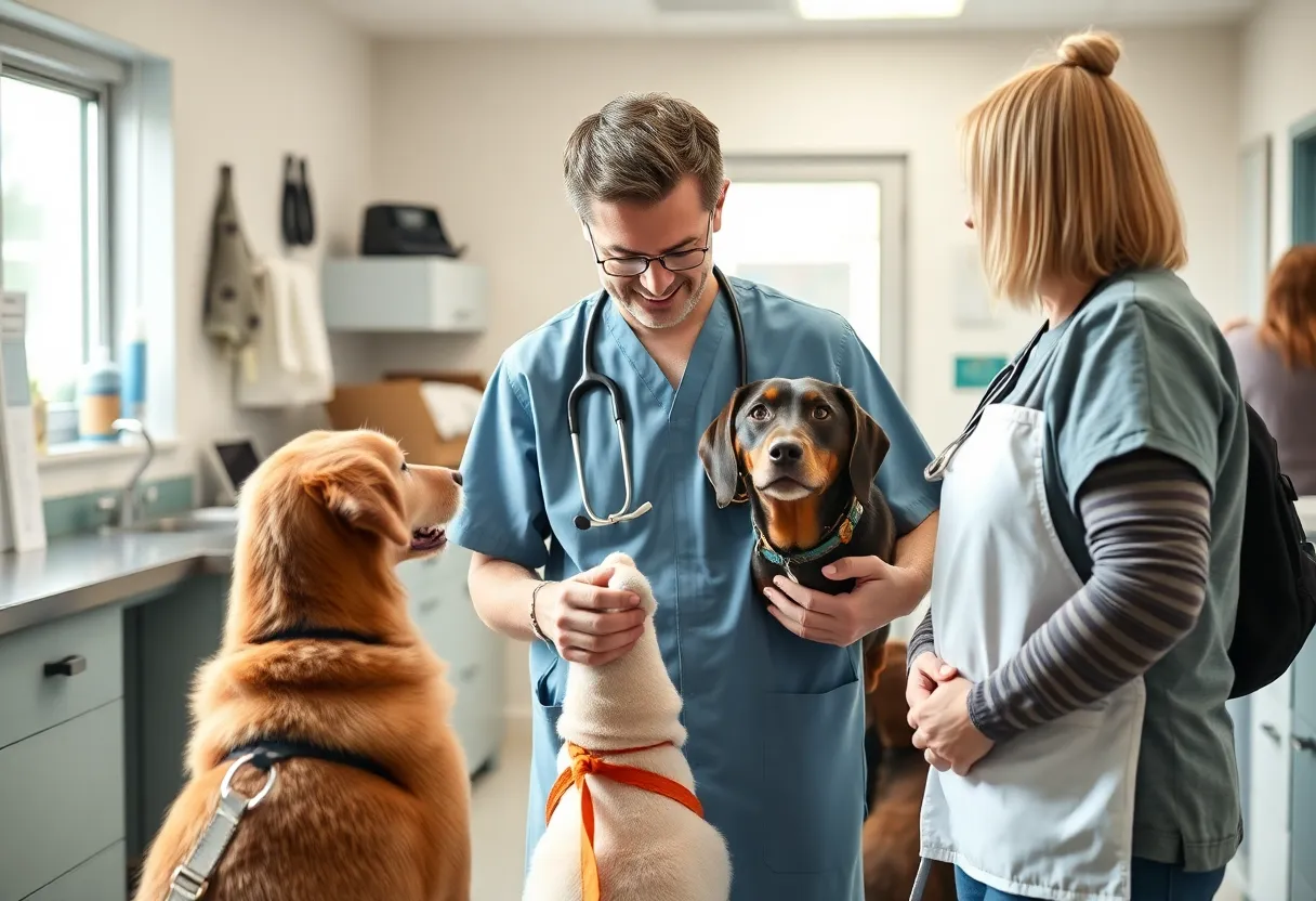 Veterinarian interacting with a pet in a friendly clinic setting