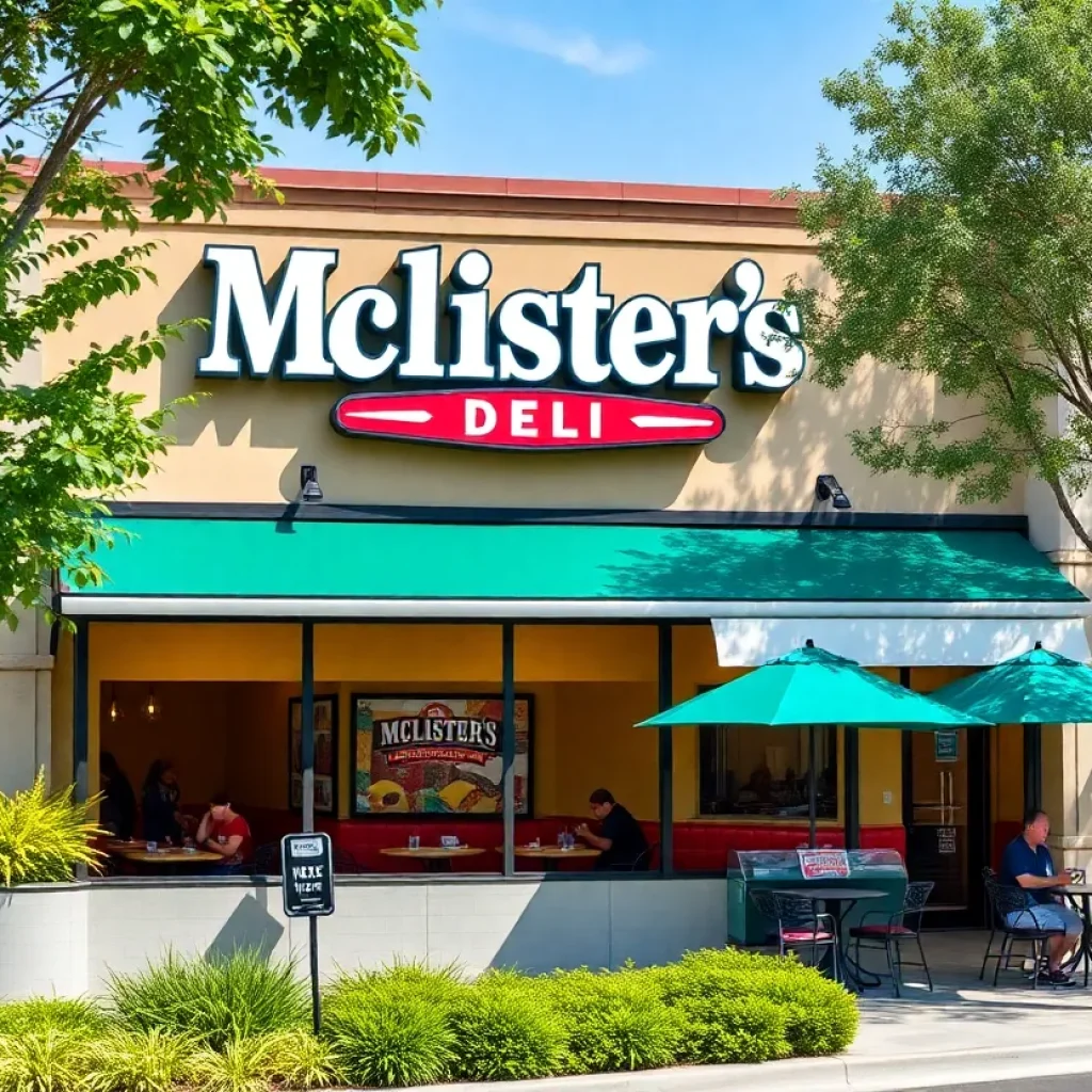 McAlister's Deli restaurant exterior in Leander with people dining outside