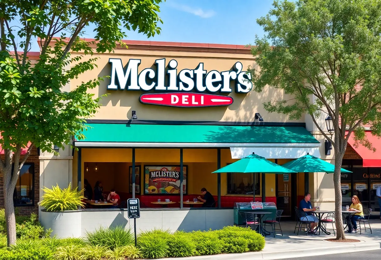 McAlister's Deli restaurant exterior in Leander with people dining outside