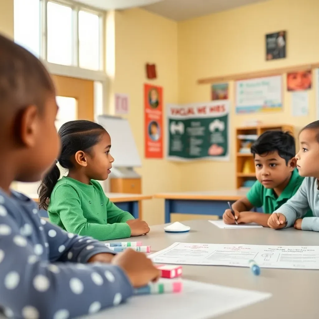 Children in a classroom learning about measles prevention.