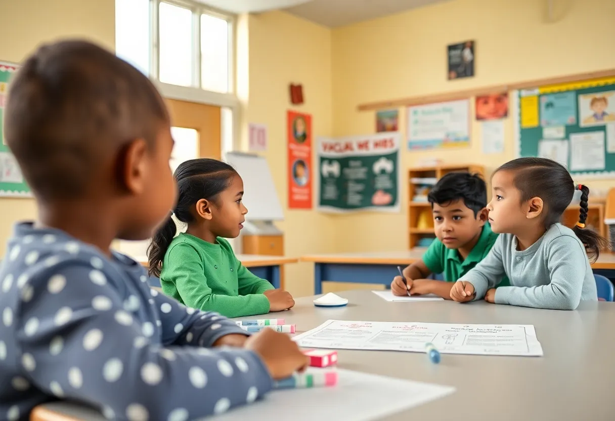 Children in a classroom learning about measles prevention.