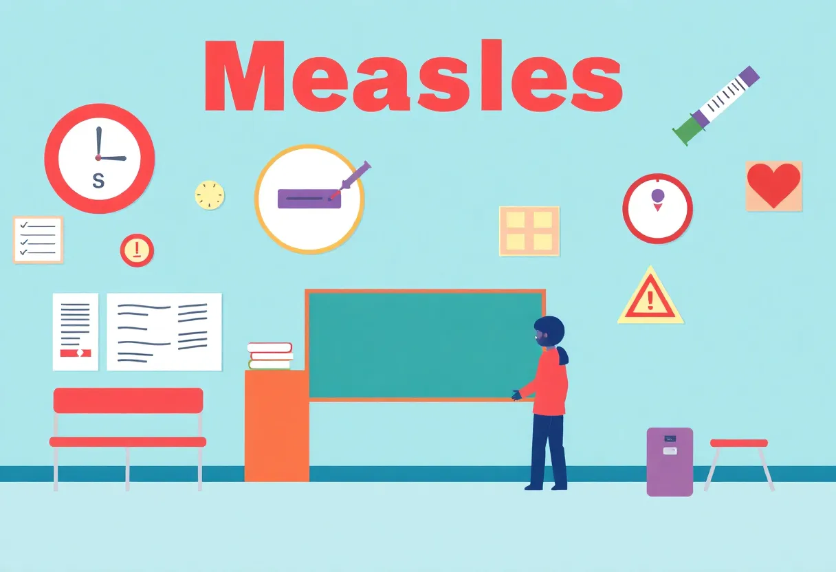 Graphic representation of health awareness regarding measles outbreak in schools.