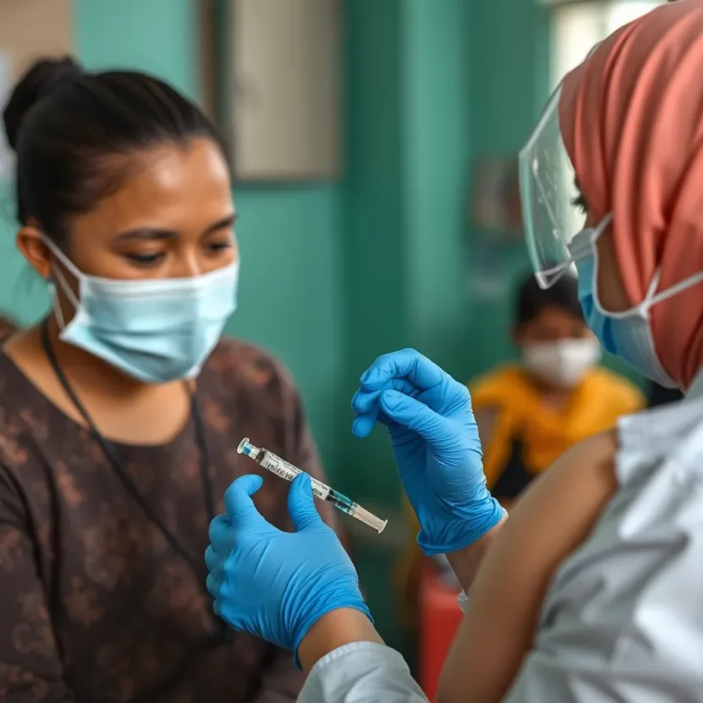 A healthcare worker vaccinating an adult in a clinic setting.
