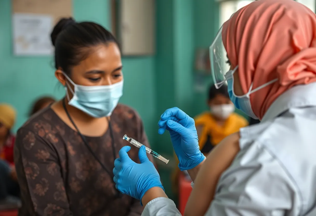 A healthcare worker vaccinating an adult in a clinic setting.