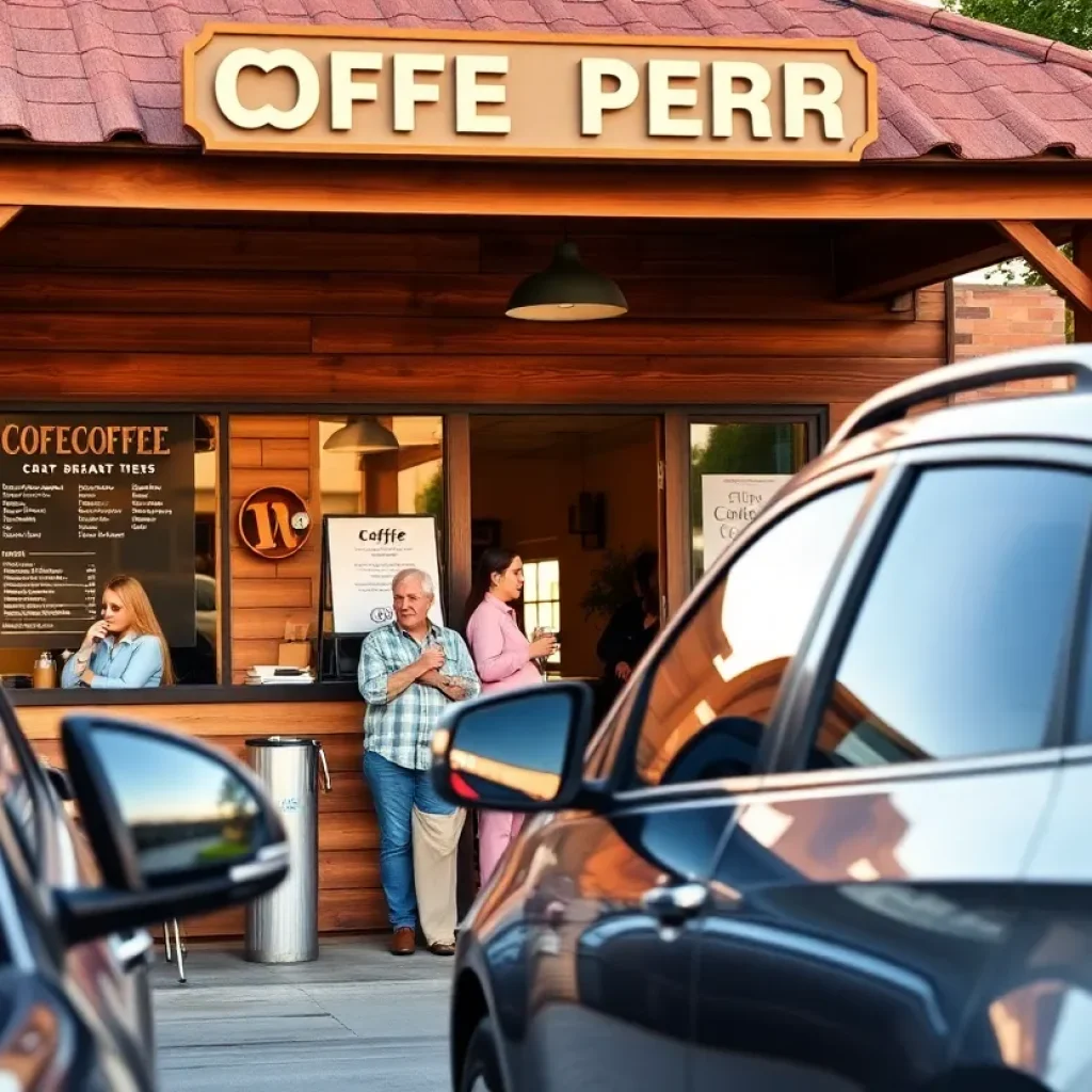 Drive-thru of Mojo Coffee in Georgetown, Texas with customers receiving coffee.