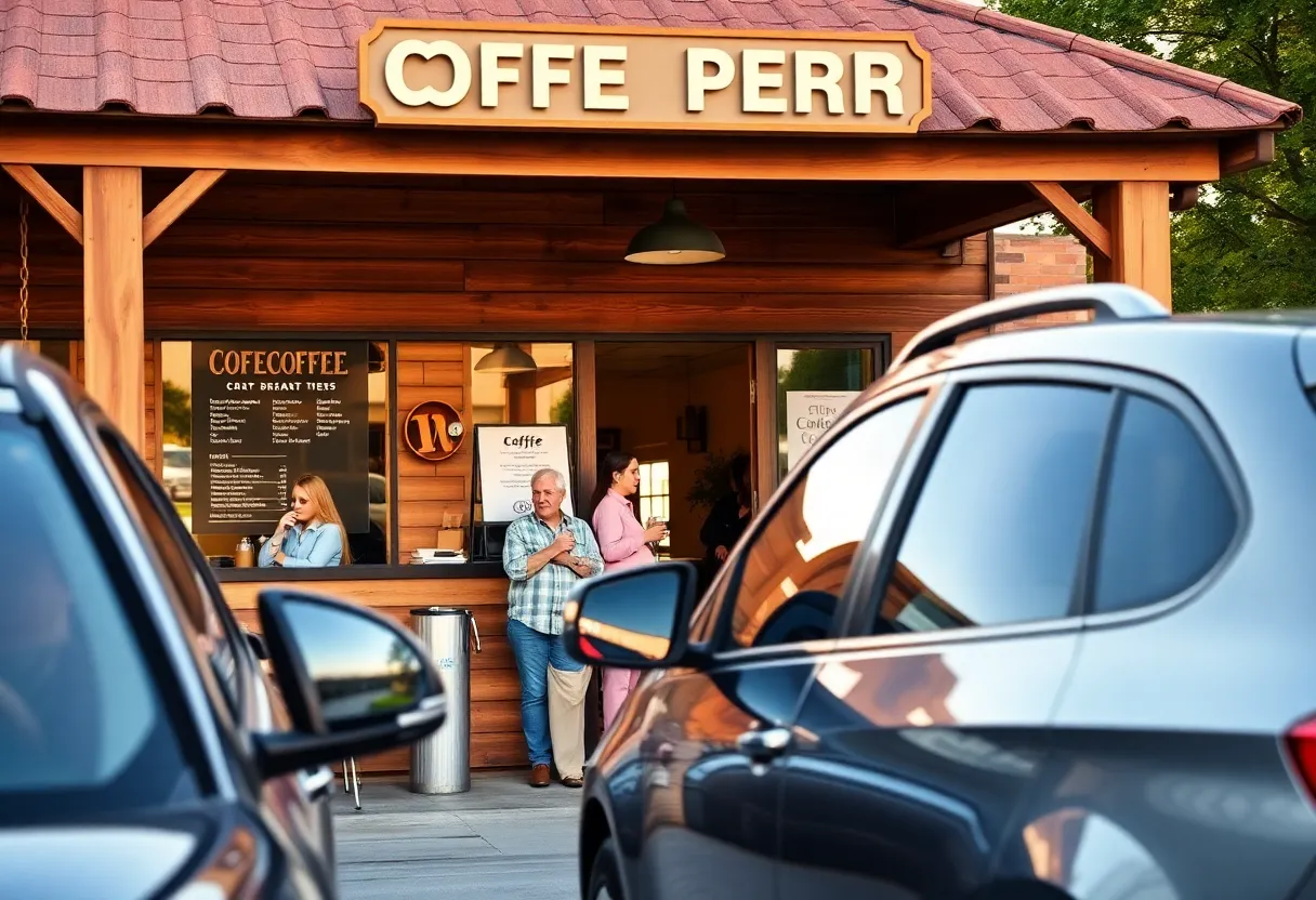 Drive-thru of Mojo Coffee in Georgetown, Texas with customers receiving coffee.