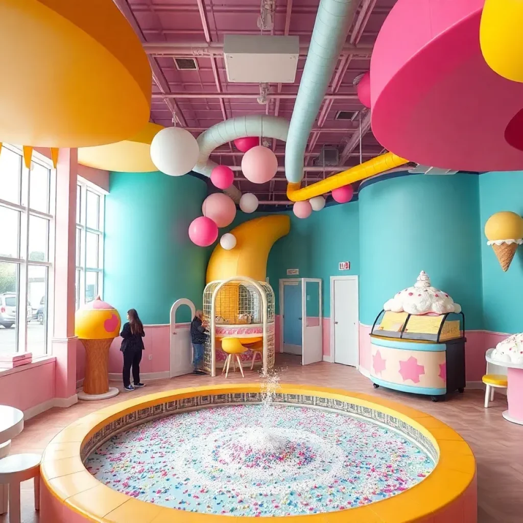 Interior view of the Museum of Ice Cream in Austin with colorful decorations.