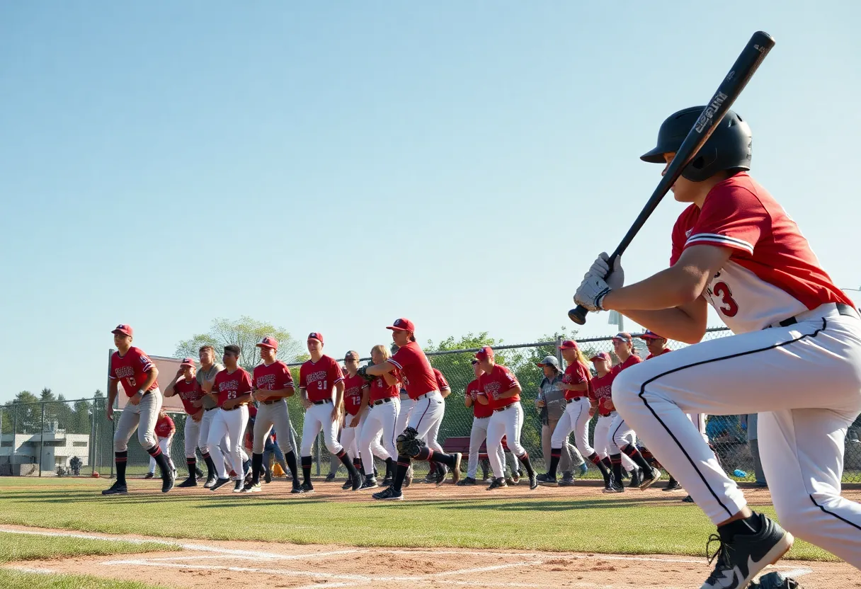 Players from Nederland High School's baseball team in action during a playoff game.