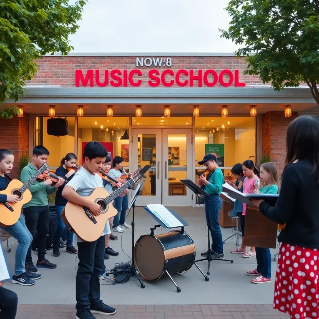 Exterior view of the new music school in Round Rock, Texas, with students involved in musical activities.