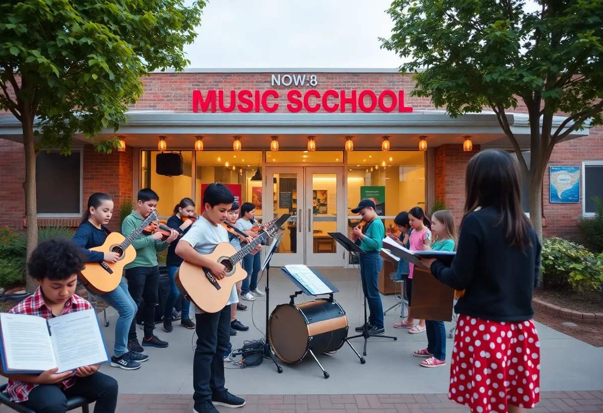 Exterior view of the new music school in Round Rock, Texas, with students involved in musical activities.