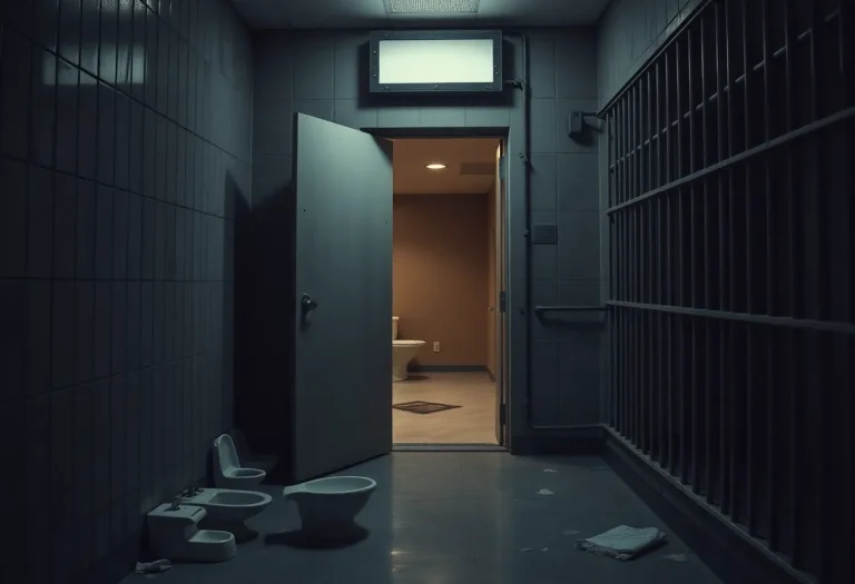 Dramatic scene of a jail escape showing an ajar loading door and an empty cell.