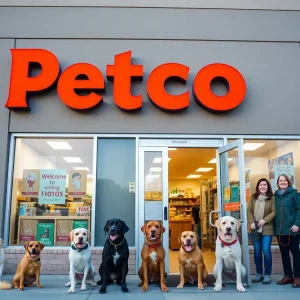 Exterior view of the new Petco store in Georgetown with pets and pet owners.
