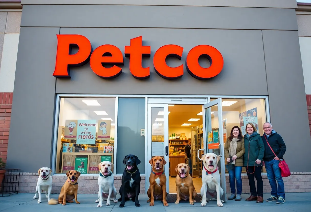 Exterior view of the new Petco store in Georgetown with pets and pet owners.