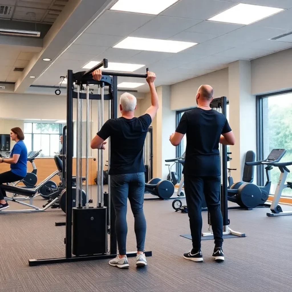 Interior of OsteoStrong facility in Georgetown with clients participating in health sessions.