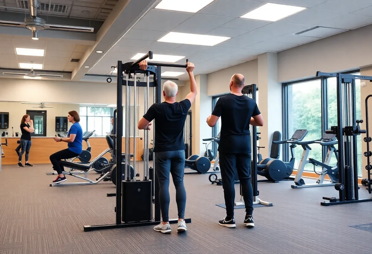 Interior of OsteoStrong facility in Georgetown with clients participating in health sessions.