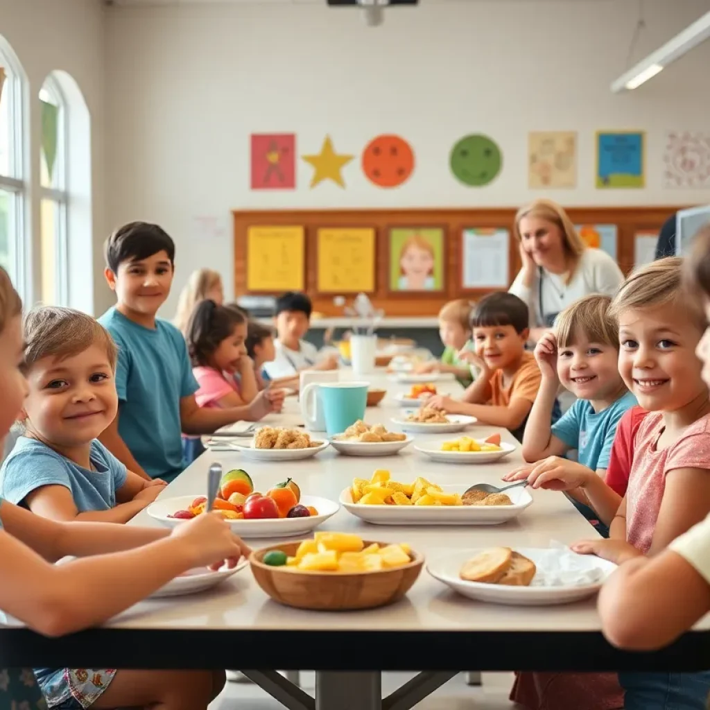 Children enjoying free meals at school during summer