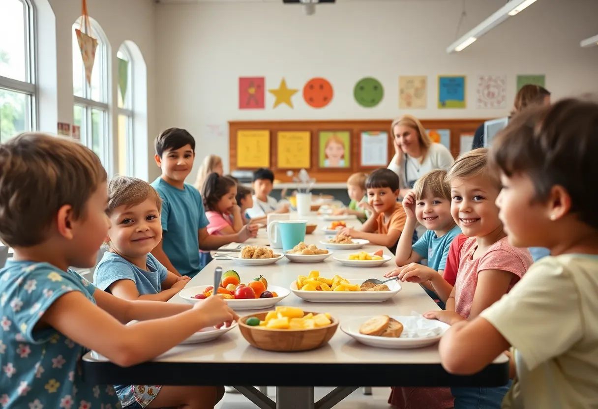 Children enjoying free meals at school during summer