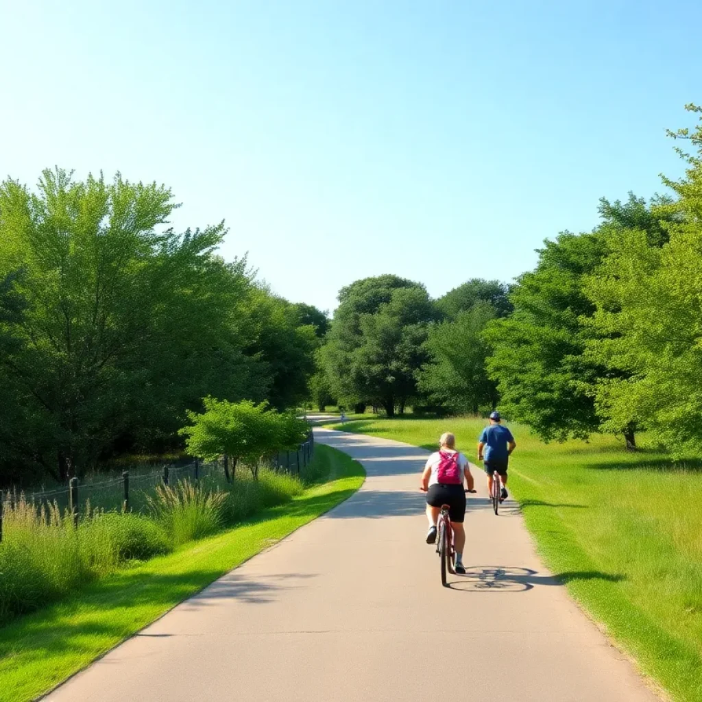 A lush trail in Pflugerville, Texas, filled with residents enjoying outdoor activities.