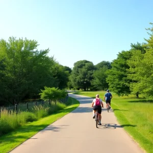 A lush trail in Pflugerville, Texas, filled with residents enjoying outdoor activities.