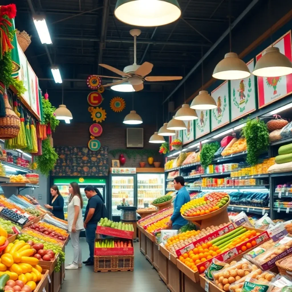 Interior view of Poco Loco Supermercado in Georgetown with fresh produce and customers.