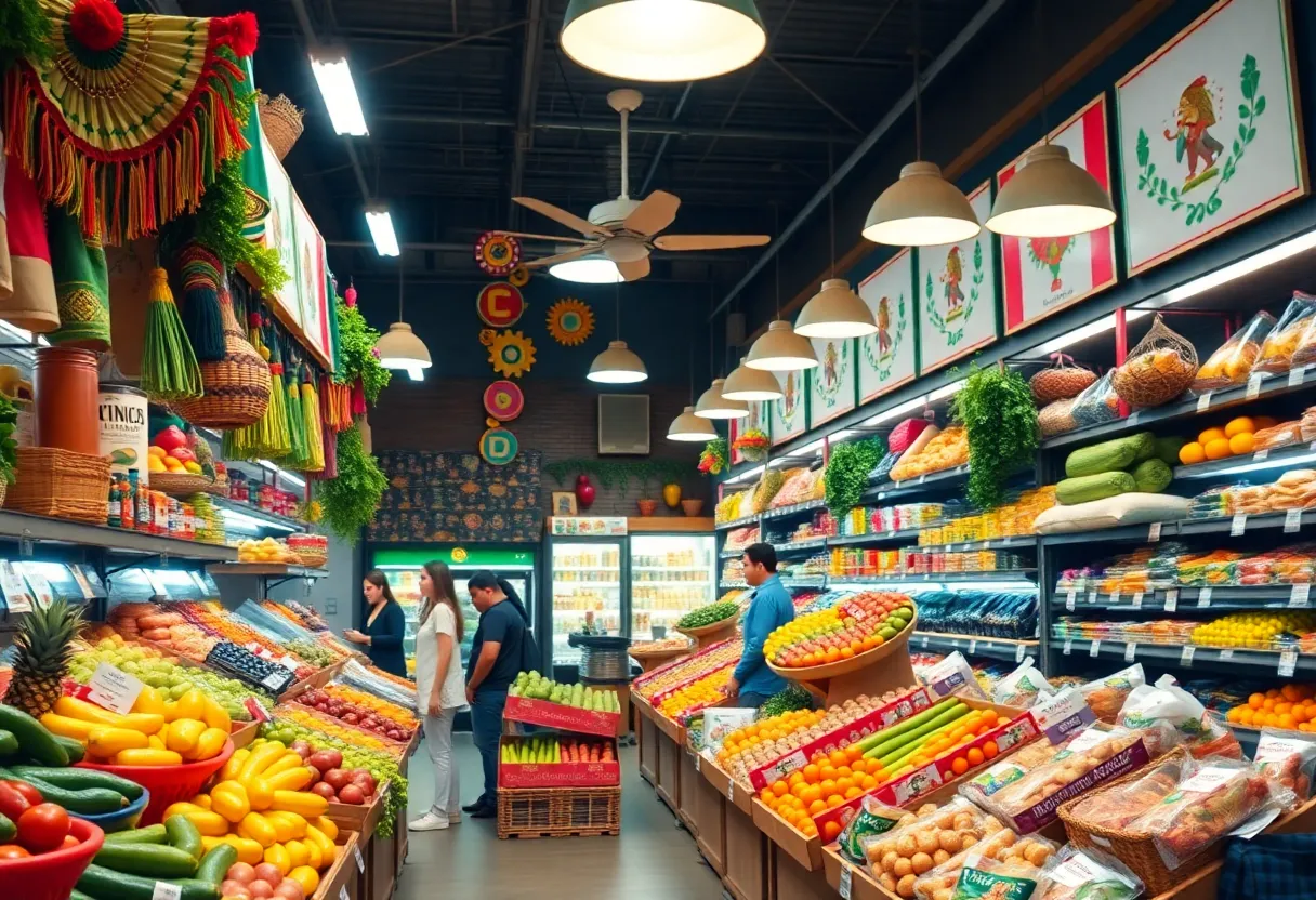 Interior view of Poco Loco Supermercado in Georgetown with fresh produce and customers.