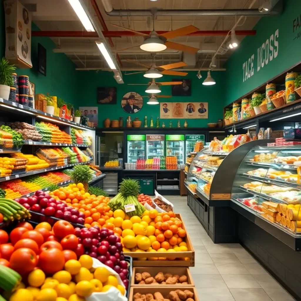 Interior view of Poco Loco Supermercado showcasing bakery and produce section
