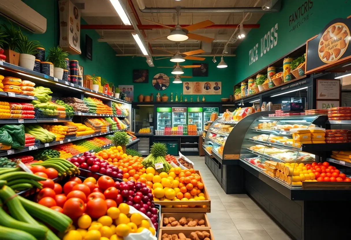 Interior view of Poco Loco Supermercado showcasing bakery and produce section