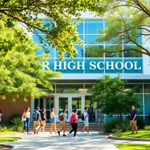 Exterior view of a private high school in Austin with students on campus