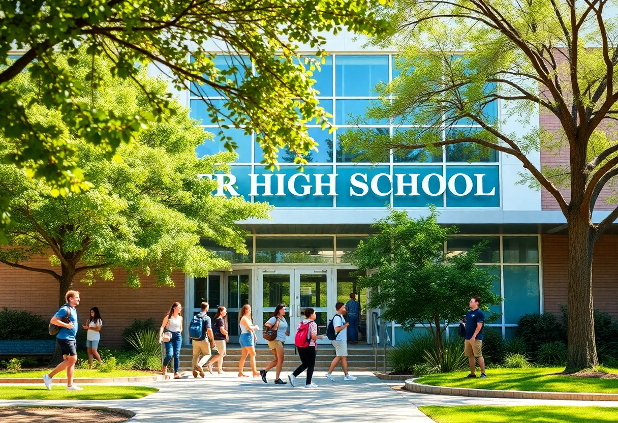 Exterior view of a private high school in Austin with students on campus
