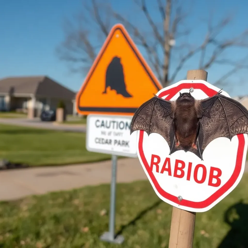 Caution sign about rabid bats near a Motel 6 in Cedar Park