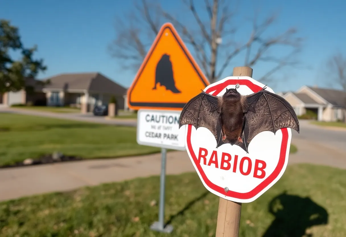 Caution sign about rabid bats near a Motel 6 in Cedar Park