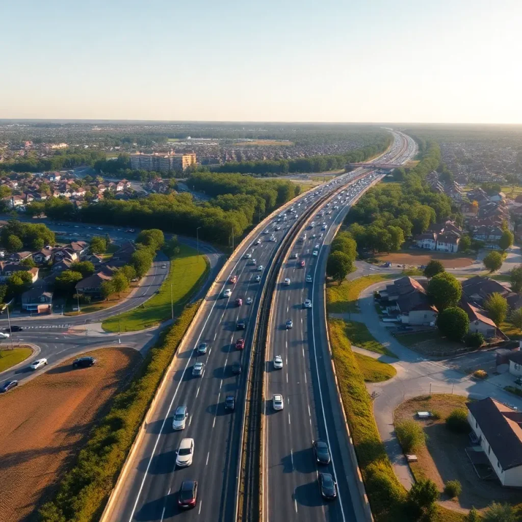 Aerial view of Ronald Reagan Boulevard showing traffic congestion and planned construction for toll lanes.