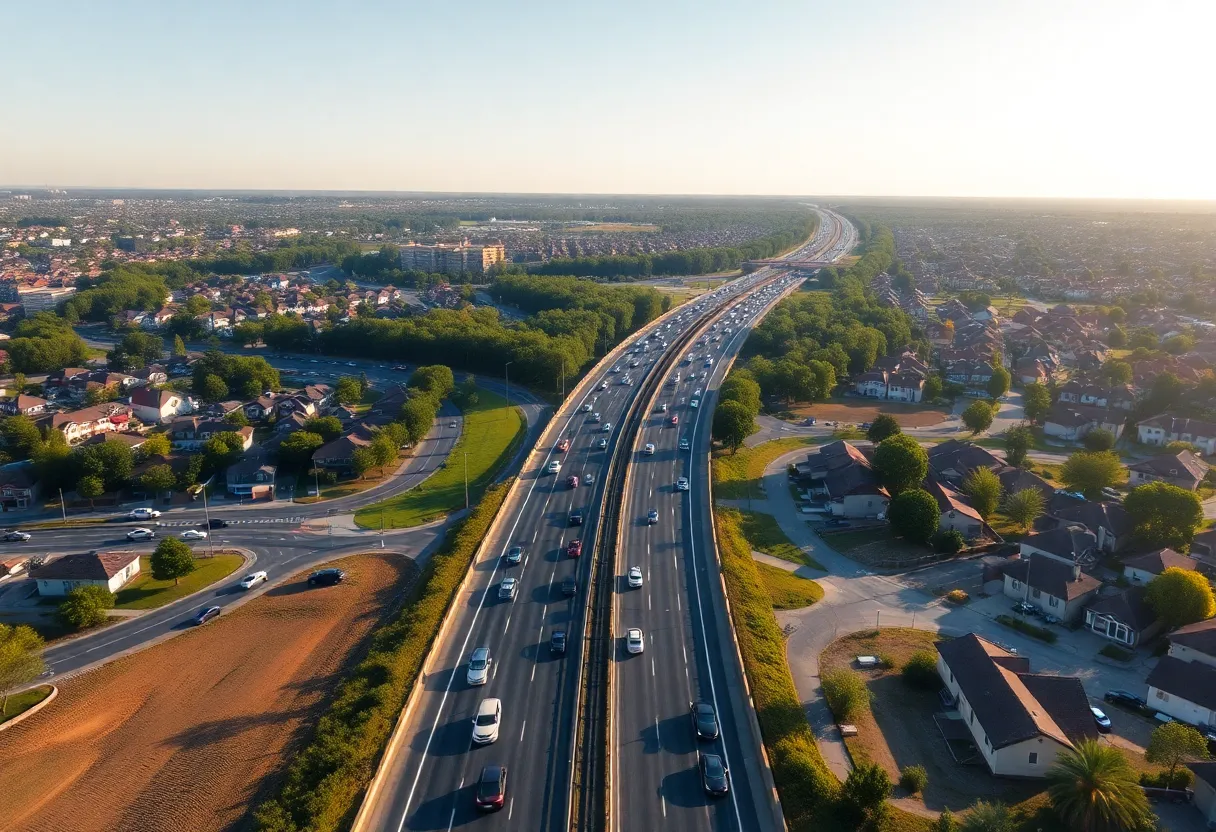 Aerial view of Ronald Reagan Boulevard showing traffic congestion and planned construction for toll lanes.