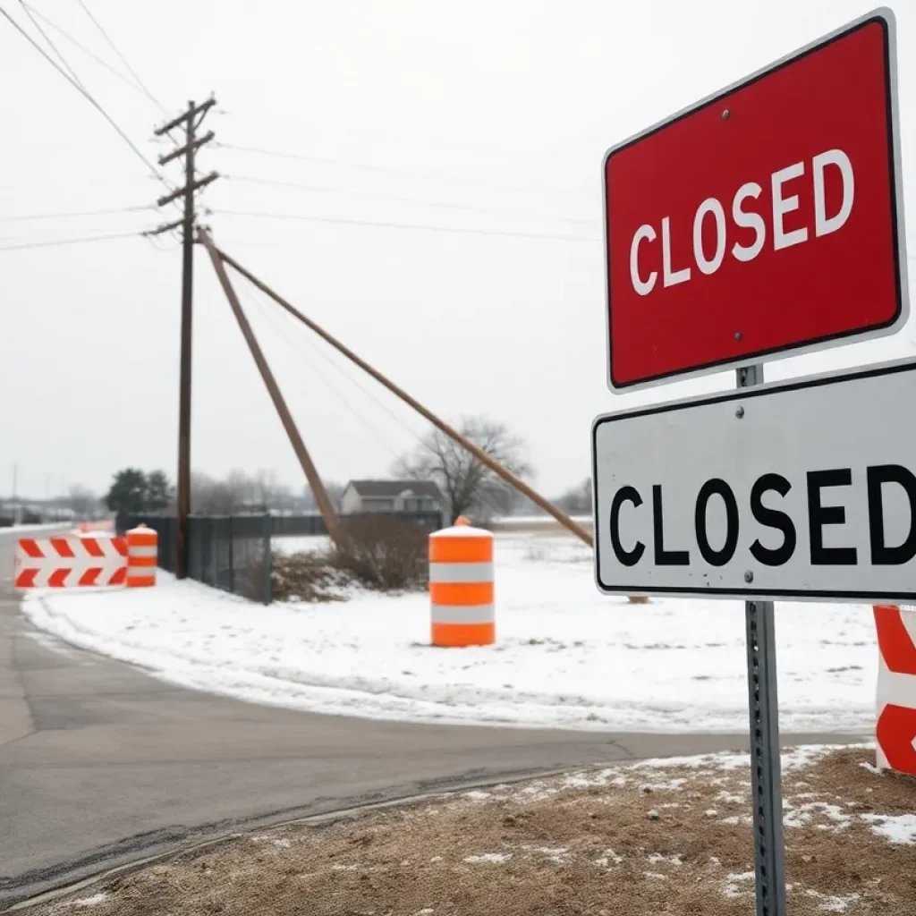 Closed road on E. Old Settlers Boulevard due to construction incident and compromised power pole.
