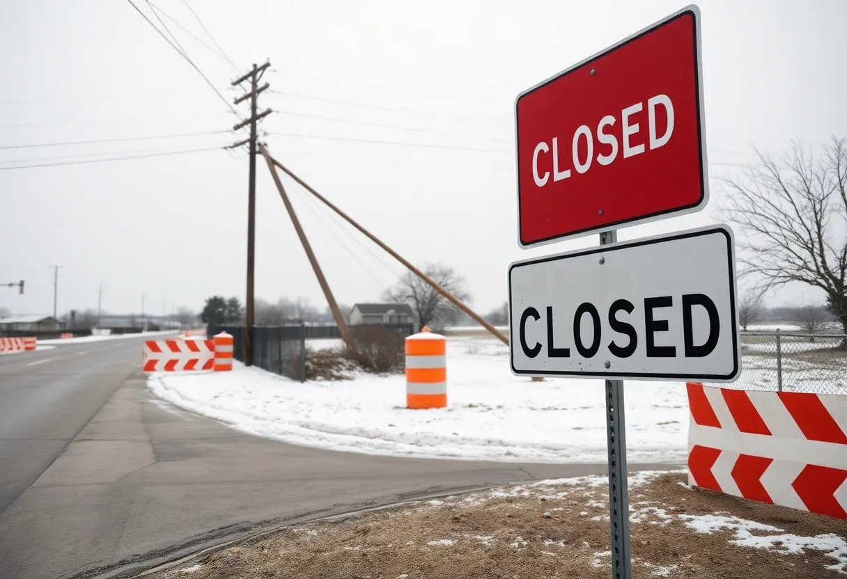 Closed road on E. Old Settlers Boulevard due to construction incident and compromised power pole.