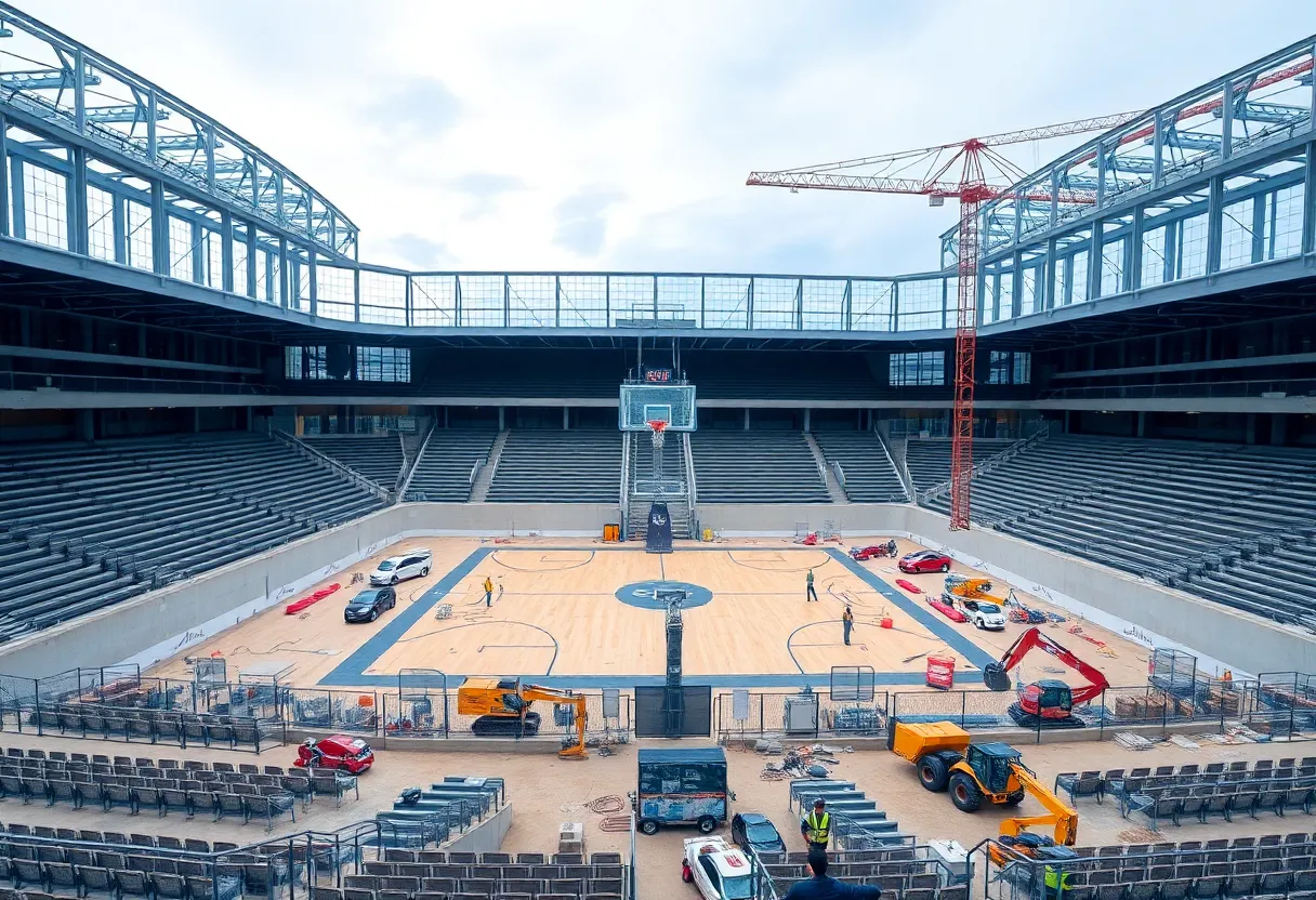 Construction site of Round Rock Sports Center expansion with basketball courts