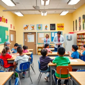 Teachers and students in a bright and interactive classroom at Taylor ISD