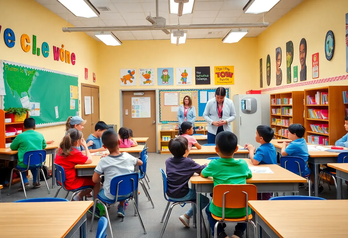 Teachers and students in a bright and interactive classroom at Taylor ISD