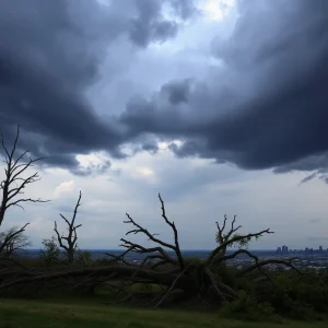 Damage from severe storms in Texas including fallen trees and dark clouds