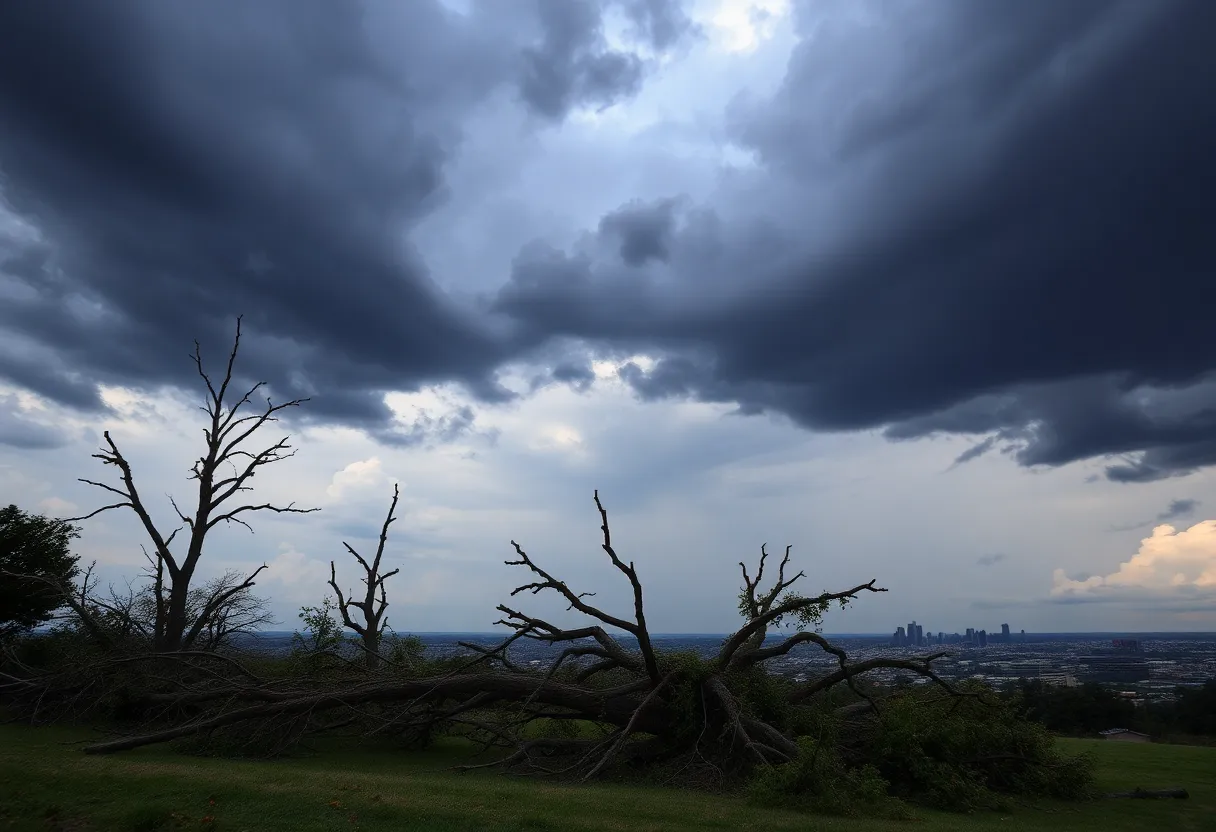 Damage from severe storms in Texas including fallen trees and dark clouds