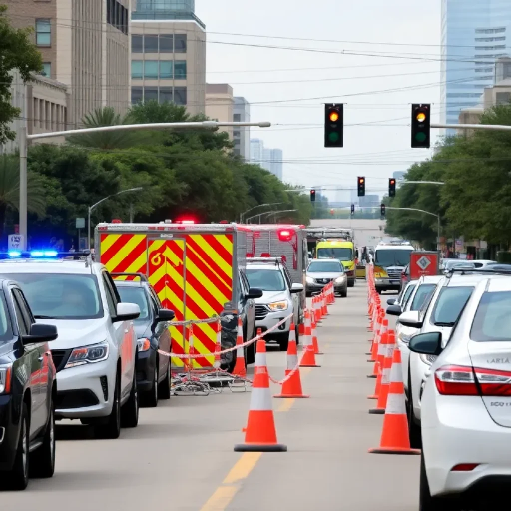 Emergency response vehicles on a city street due to a natural gas leak in Round Rock
