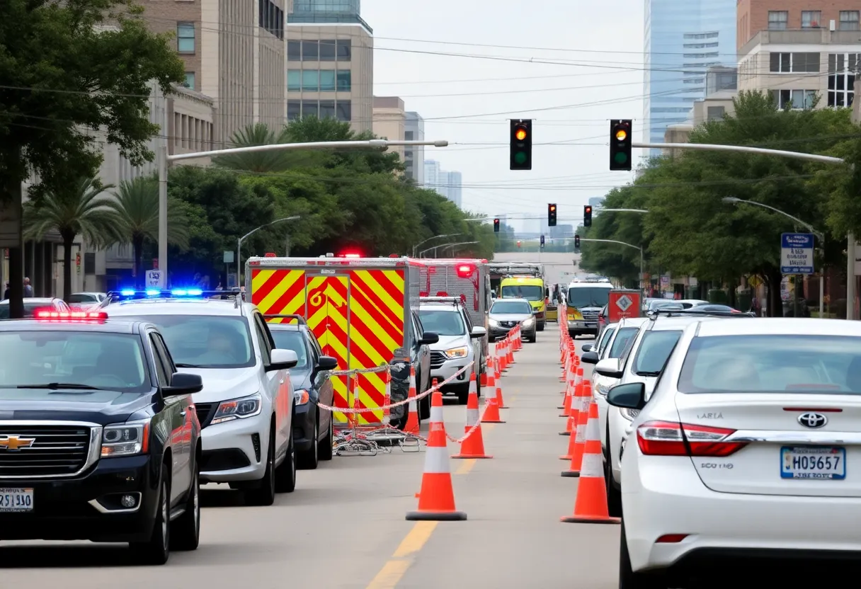 Emergency response vehicles on a city street due to a natural gas leak in Round Rock