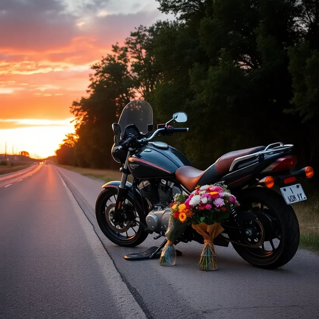Motorcycle parked on a serene Texas road with flowers