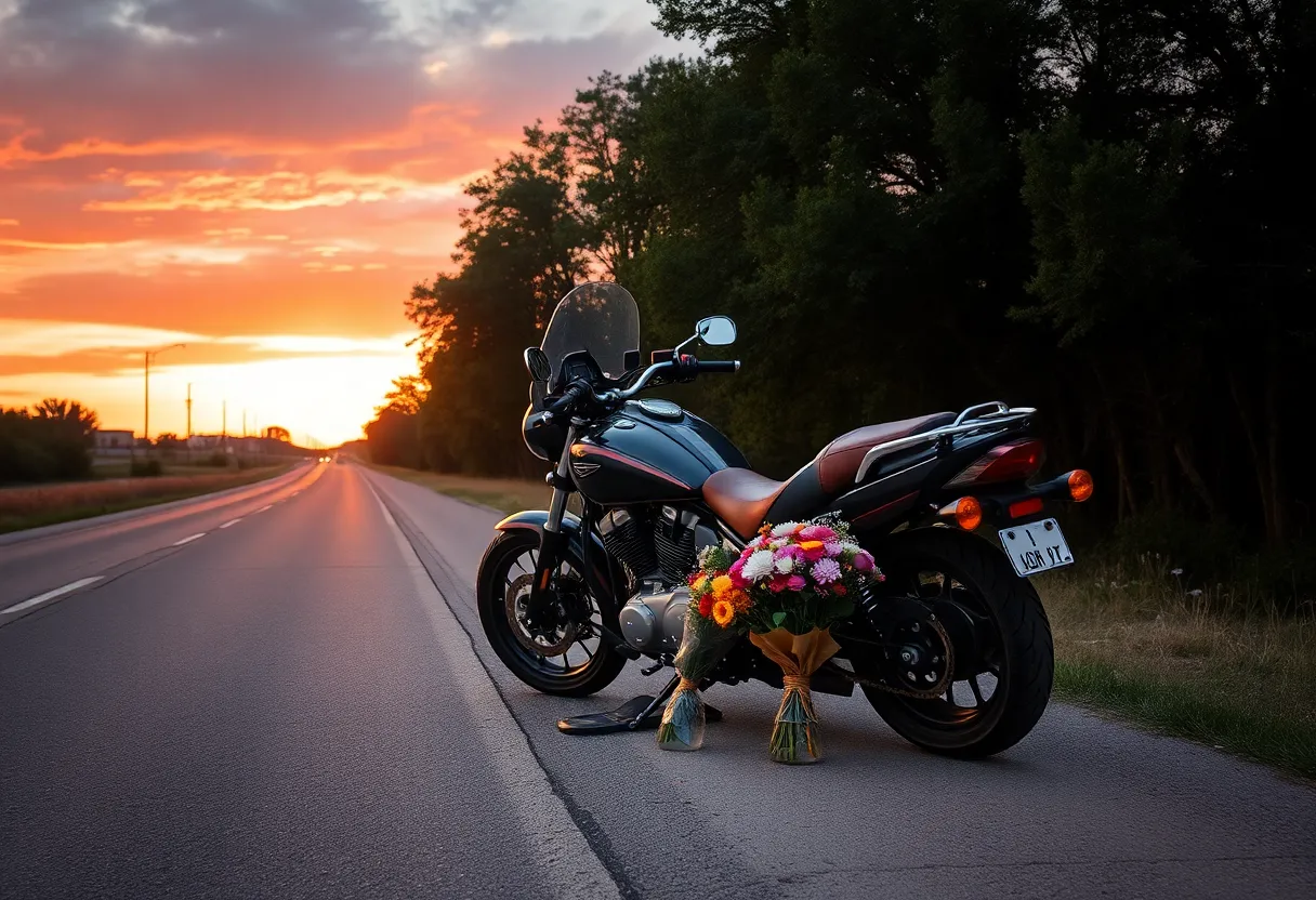 Motorcycle parked on a serene Texas road with flowers