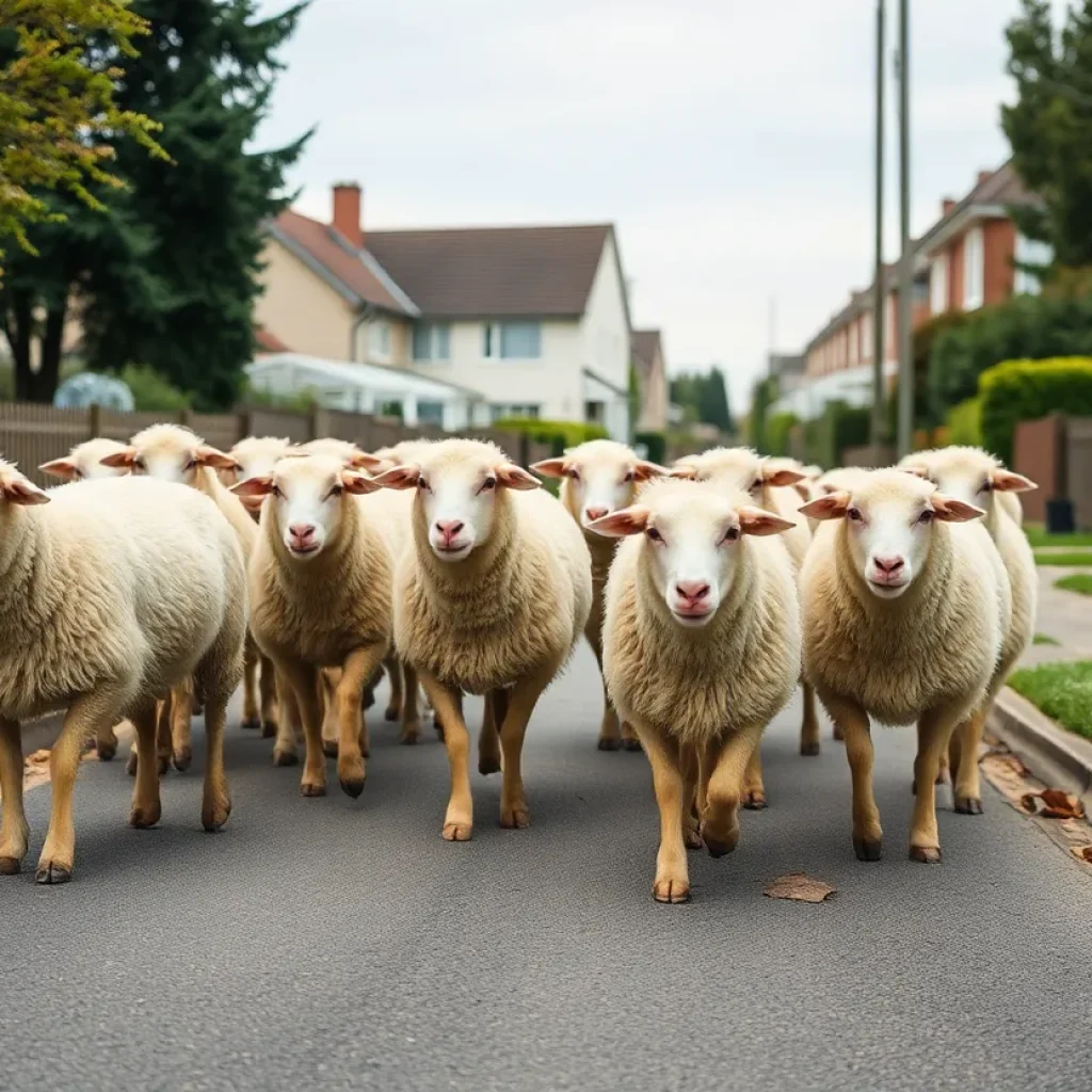 A flock of sheep on a residential street in Leander, Texas.